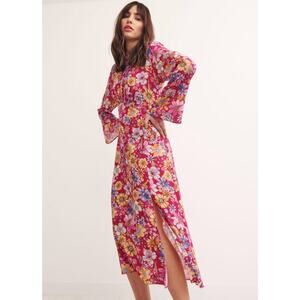 Nobody’s Child Anthropologie Tula Midi Dress Pink Floral Long Bell Sleeves NEW